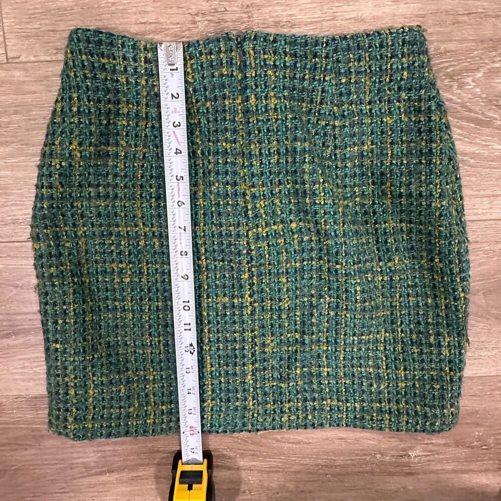 Vintage 90s Esprit Green Yellow Tweed Blazer Mini Skirt Suit Set Size 5/6 Small